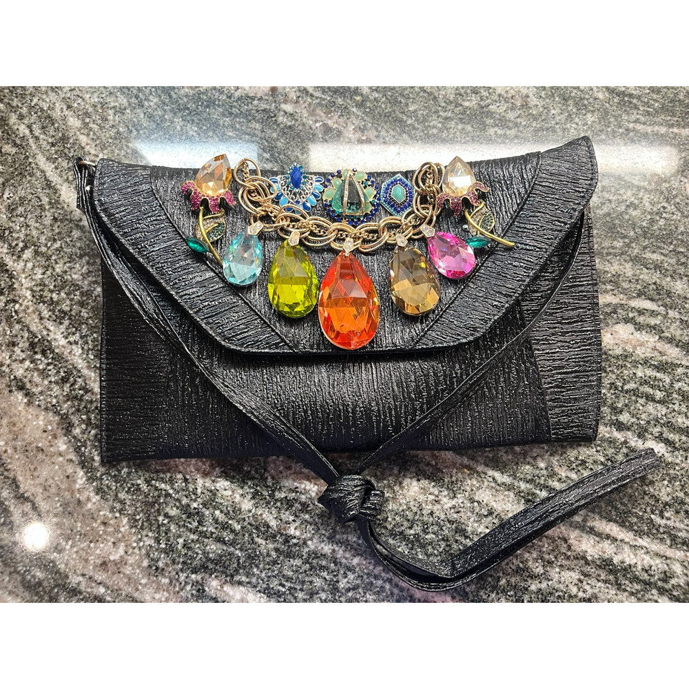 IRIS LANE EVENING BLACK CLUTCH WITH MULTIOLOR RHINESTONES & GEMS